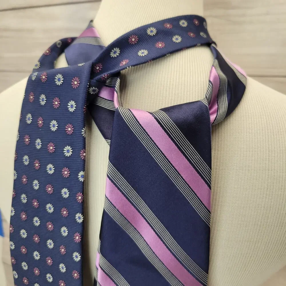 Grant Thomas Lot of 2 Neck Ties Navy, Gray, Purple Prints